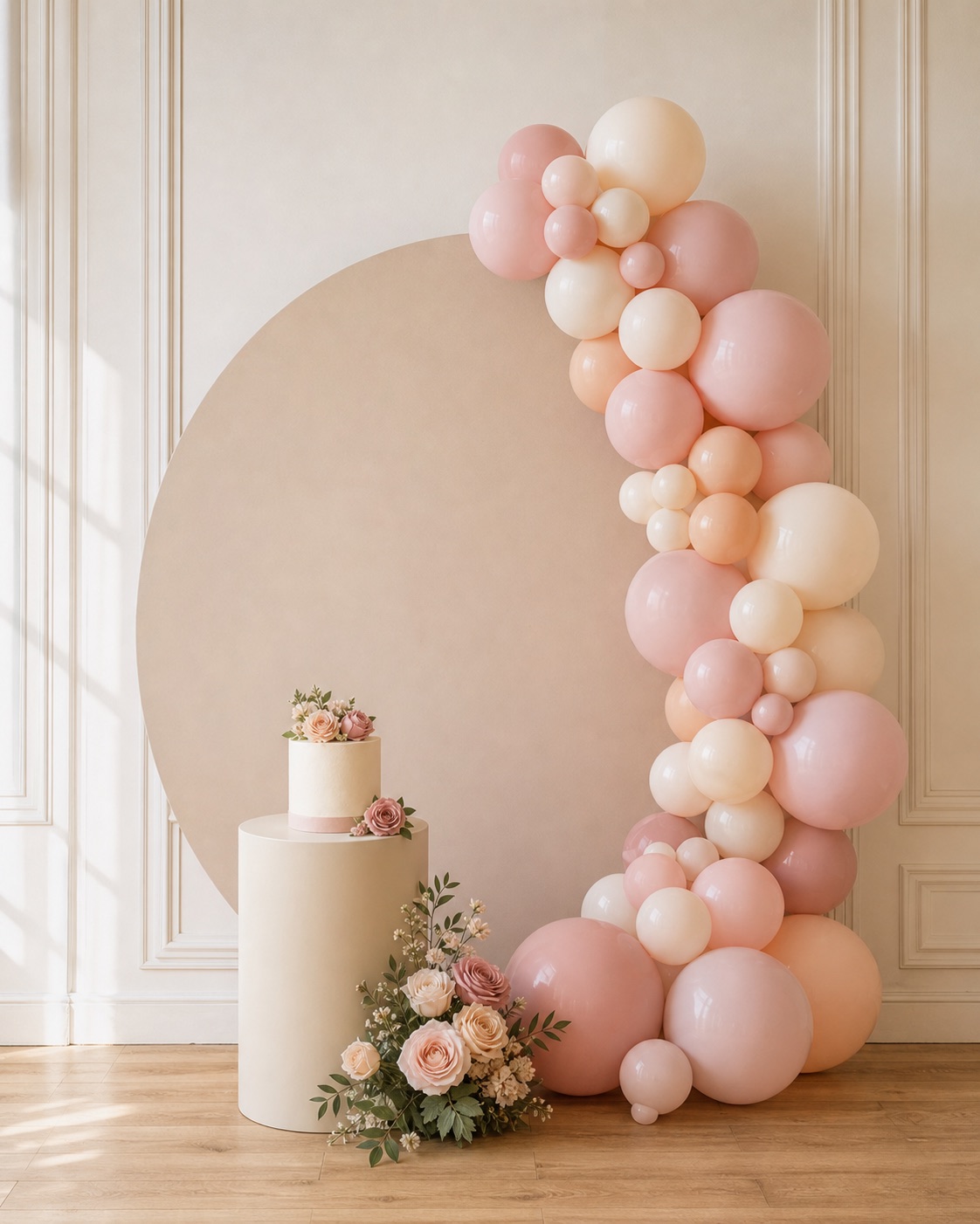 Decor simplu cu baloane roz și piersică
