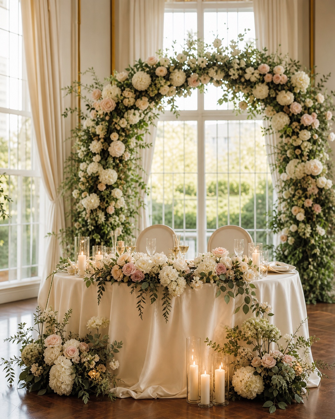 Decor floral elegant pentru masa mirilor