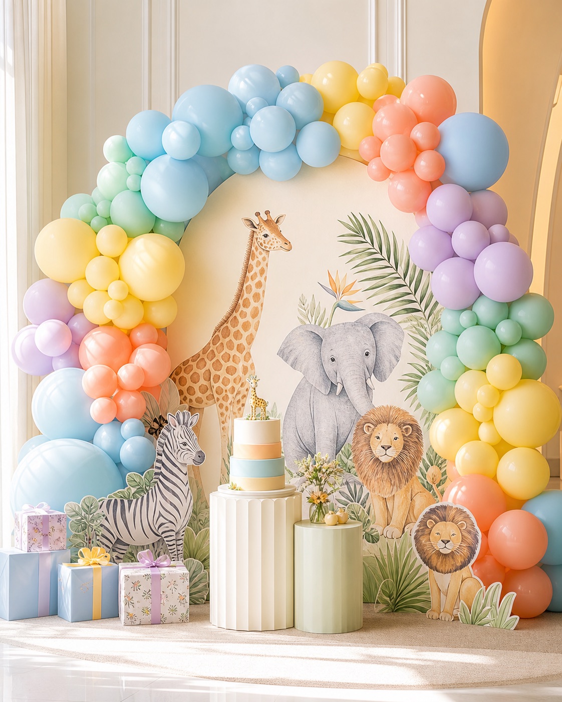Decor safari pastelat pentru petrecere de copii